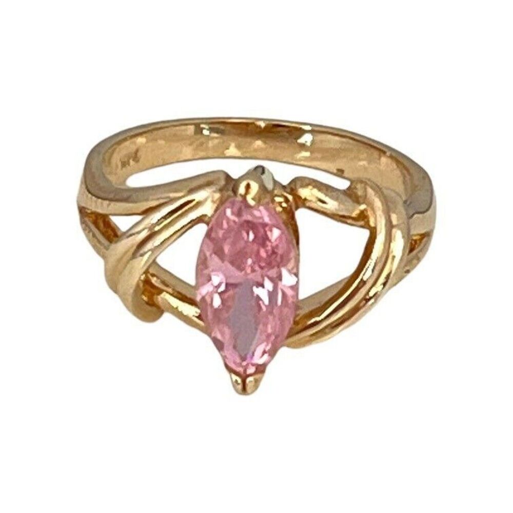Vintage 1980s Pink CZ Marquise Ring Size 5 14KTGE Gold Plate - 14D